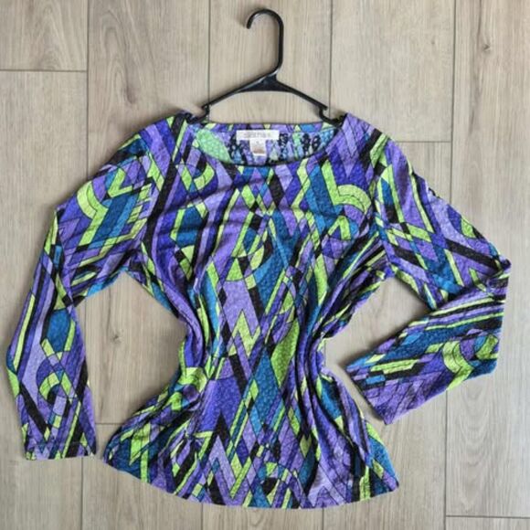 CLOTHES Funky Stretchy Long Sleeve Top Bold Colors Abstract Geometric Pattern - Picture 3 of 5